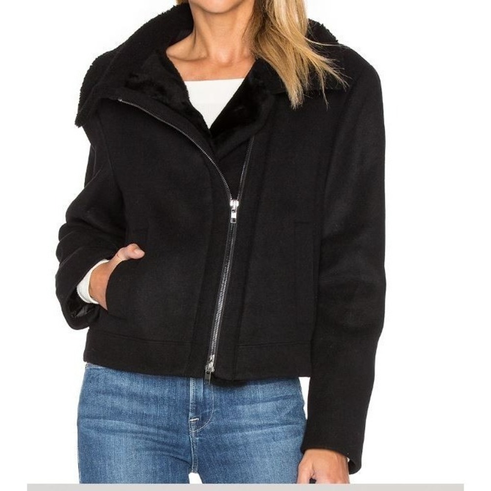 Vince Genuine Lamb Shearling Trimmed Wool Blend Jacket in Black Medium